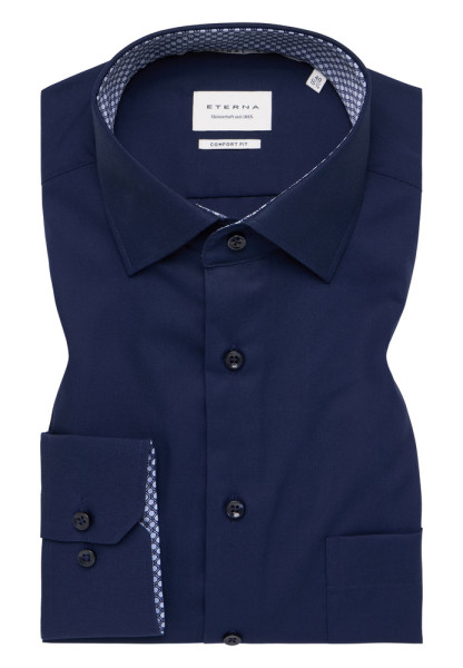 Chemise Eterna COMFORT FIT UNI POPELINE bleu foncé avec col Kent en coupe classique