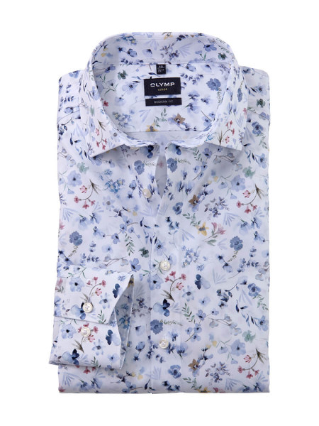 Camicia Olymp LUXOR modern fit PRINT bianco con Global Kent collar in taglio moderno