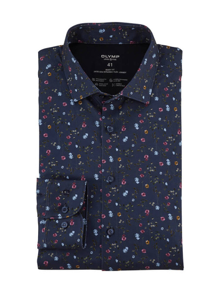 Camisa Olymp LEVEL 5 JERSEY azul oscuro con cuello Kent moderno de corte estrecho