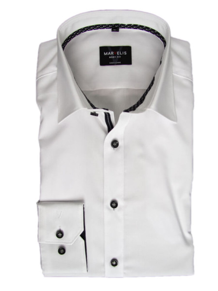 Chemise Marvelis BODY FIT UNI POPELINE blanc avec col New York Kent en coupe étroite