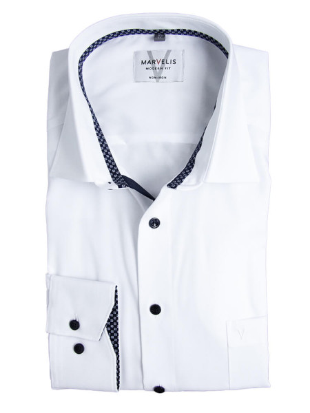 Chemise Marvelis MODERN FIT UNI POPELINE blanc avec col Nouveau Kent en coupe moderne