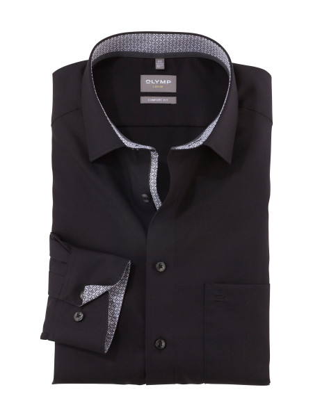 Camicia Olymp LUXOR UNI POPELINE nero con Nuovo Kent collar in taglio classico