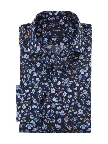 Camisa Olymp LUXOR modern fit PRINT azul oscuro con cuello Global Kent de corte moderno