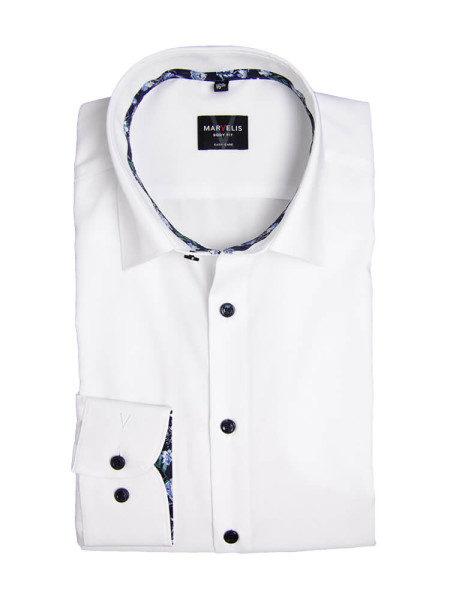 Camicia Marvelis BODY FIT UNI POPELINE bianco con New York Kent collar in taglio stretto