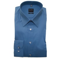 OLYMP Level Five body fit overhemd UNI POPELINE middelblauw met New York Kentkraag in smalle snit