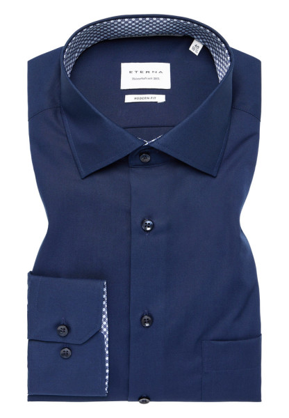 Camisa Eterna MODERN FIT UNI POPELINE azul oscuro con cuello Kent de corte moderno