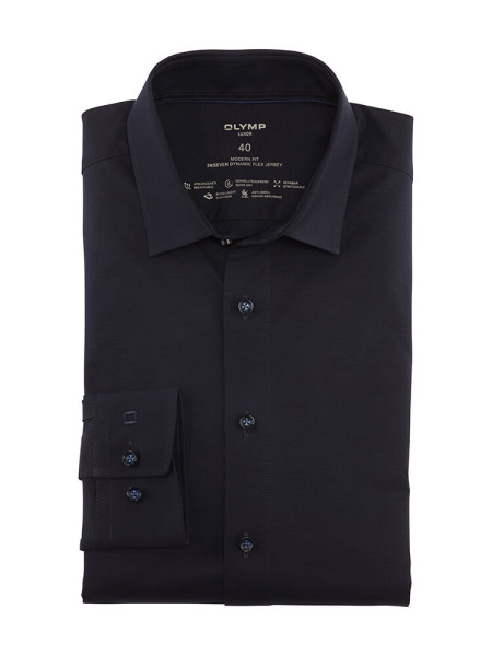 Olymp overhemd LUXOR modern fit JERSEY donkerblauw met Nieuw Kent-kraag in moderne snit