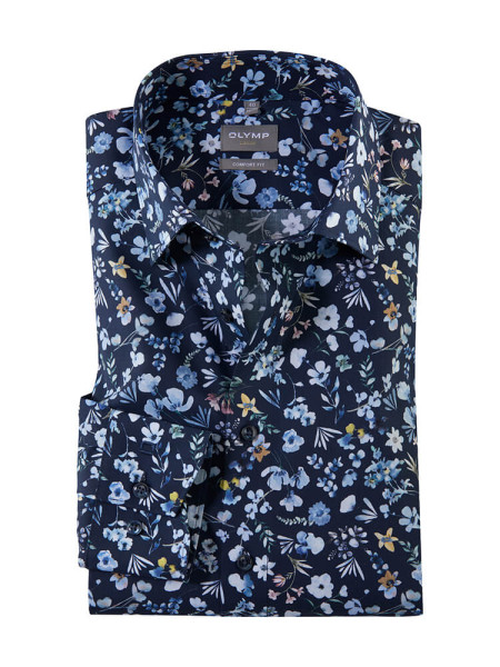 Olymp overhemd LUXOR comfort fit PRINT donkerblauw met Nieuw Kent-kraag in klassieke snit