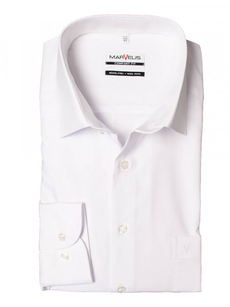 Marvelis COMFORT FIT overhemd UNI POPELINE wit met Nieuw Kentkraag in klassieke snit